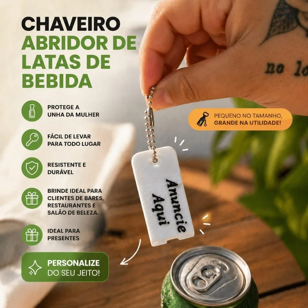 Chaveiro Abridor de Latas Personalizado | Protege as Unhas | Ideal para Mulheres